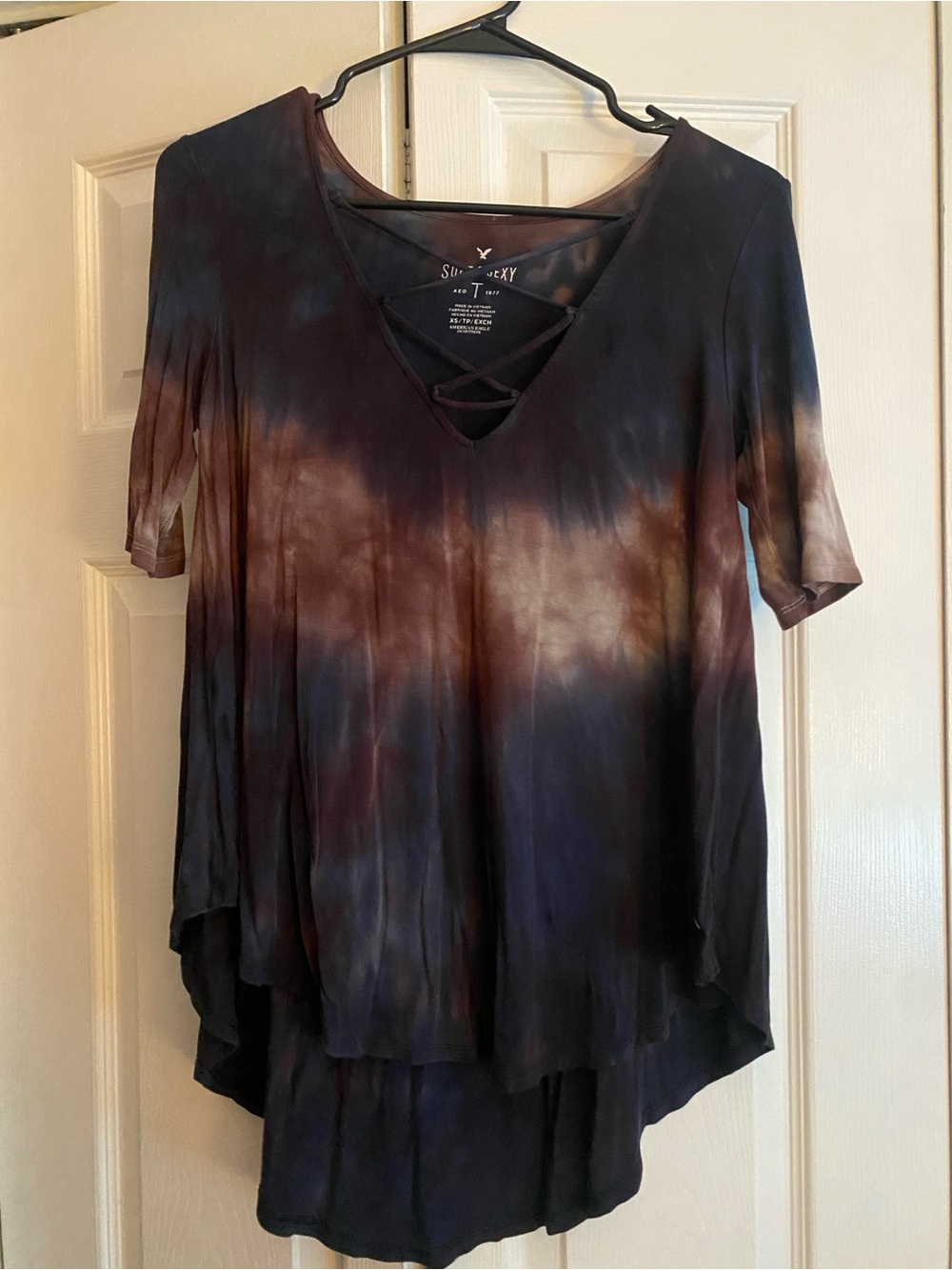 American Eagle Outfitters Tie-Dye Crisscross V-Neck Tunic - Navy & Brown